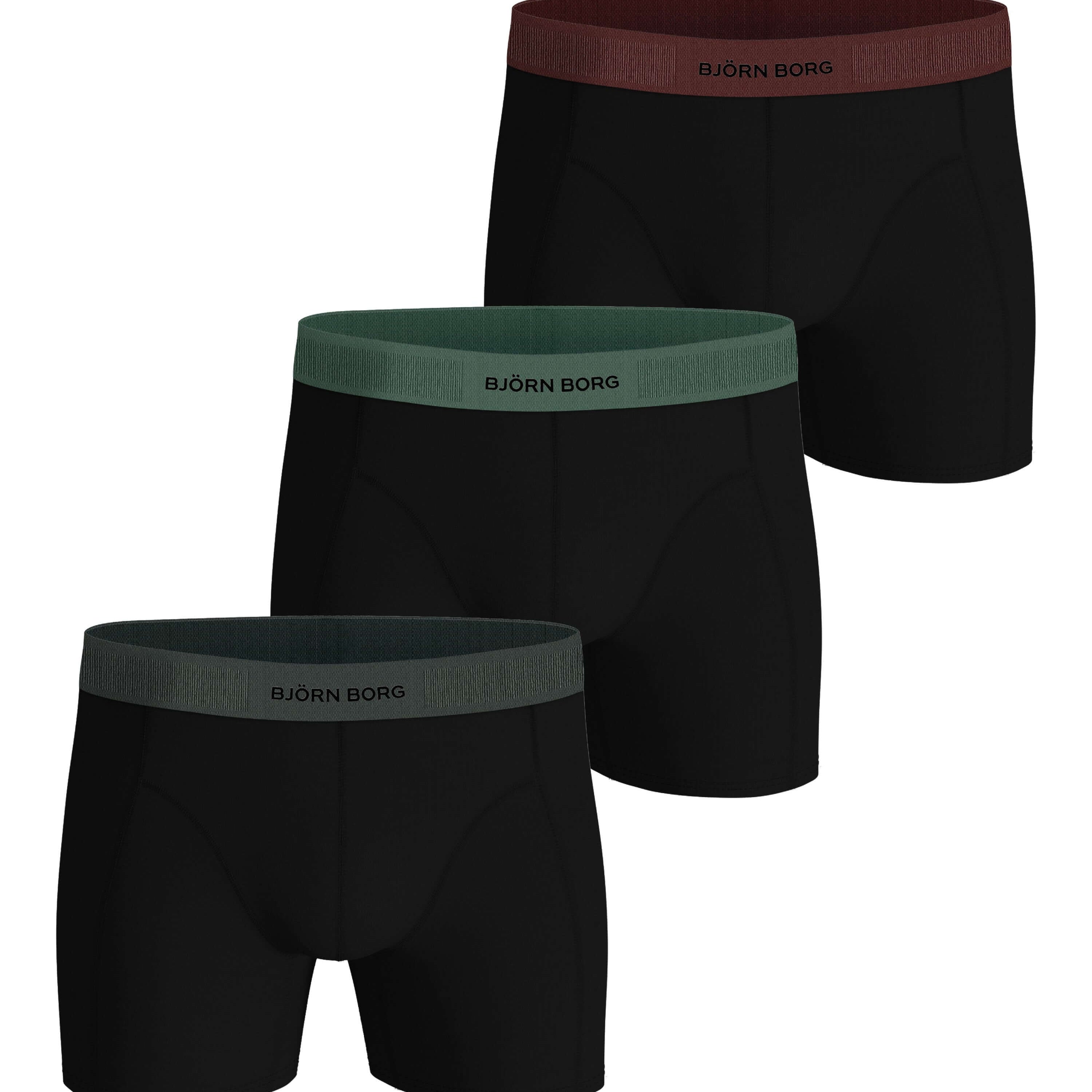 Three pairs of black boxer briefs with different colored waistbands on a white background.