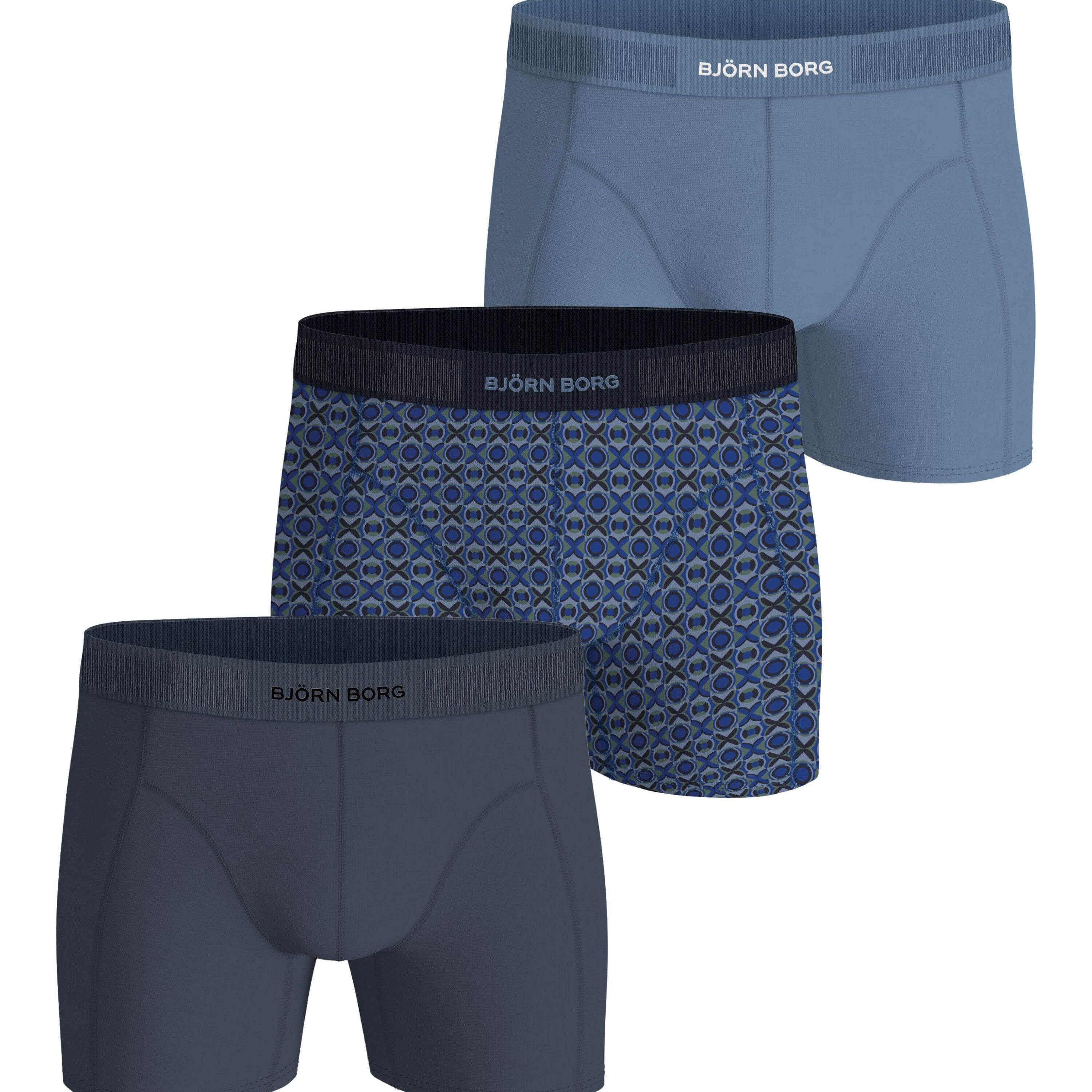 Three pairs of Björn Borg boxer briefs in different colors on a white background.