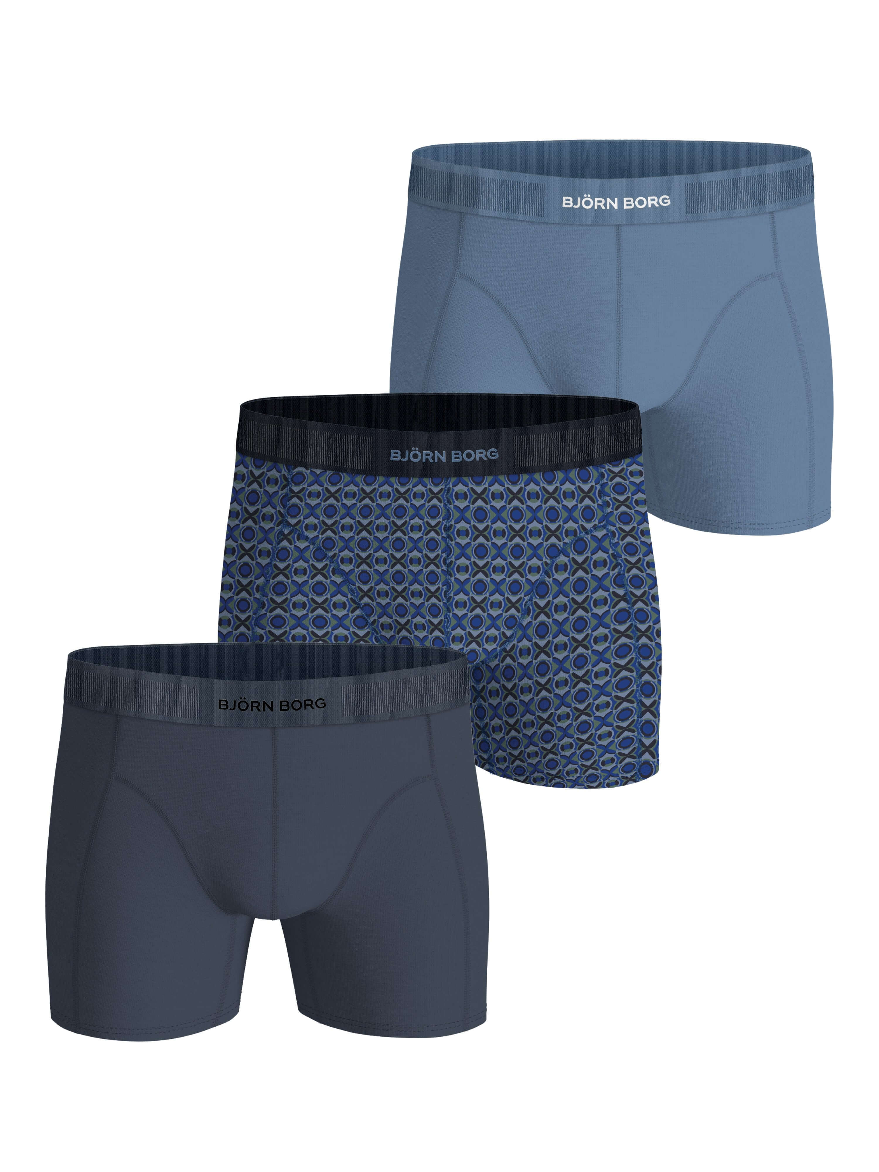 Three pairs of Björn Borg boxer briefs in different colors on a white background.