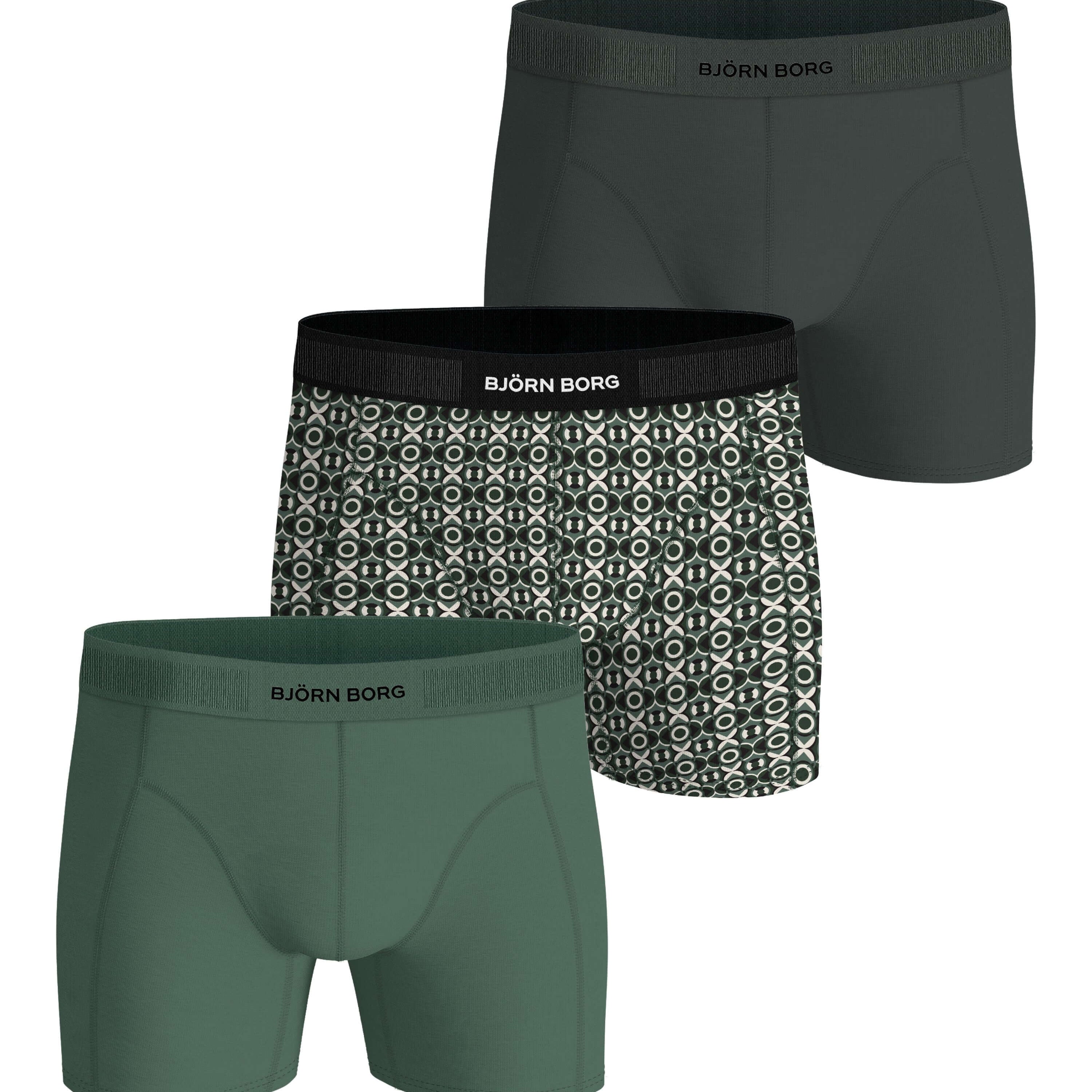 Three pairs of Bjärn Borg boxer briefs in different colors on a white background.