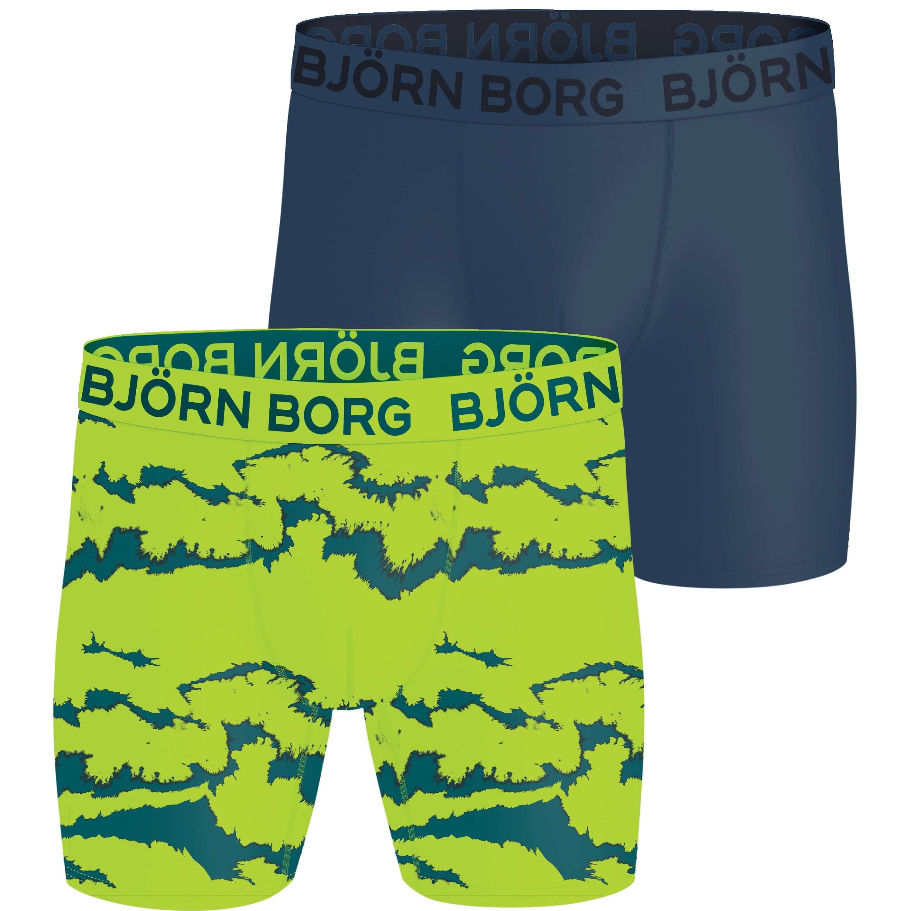Two pairs of Björn Borg boxer briefs, one navy and one green with shark pattern, on a white background.