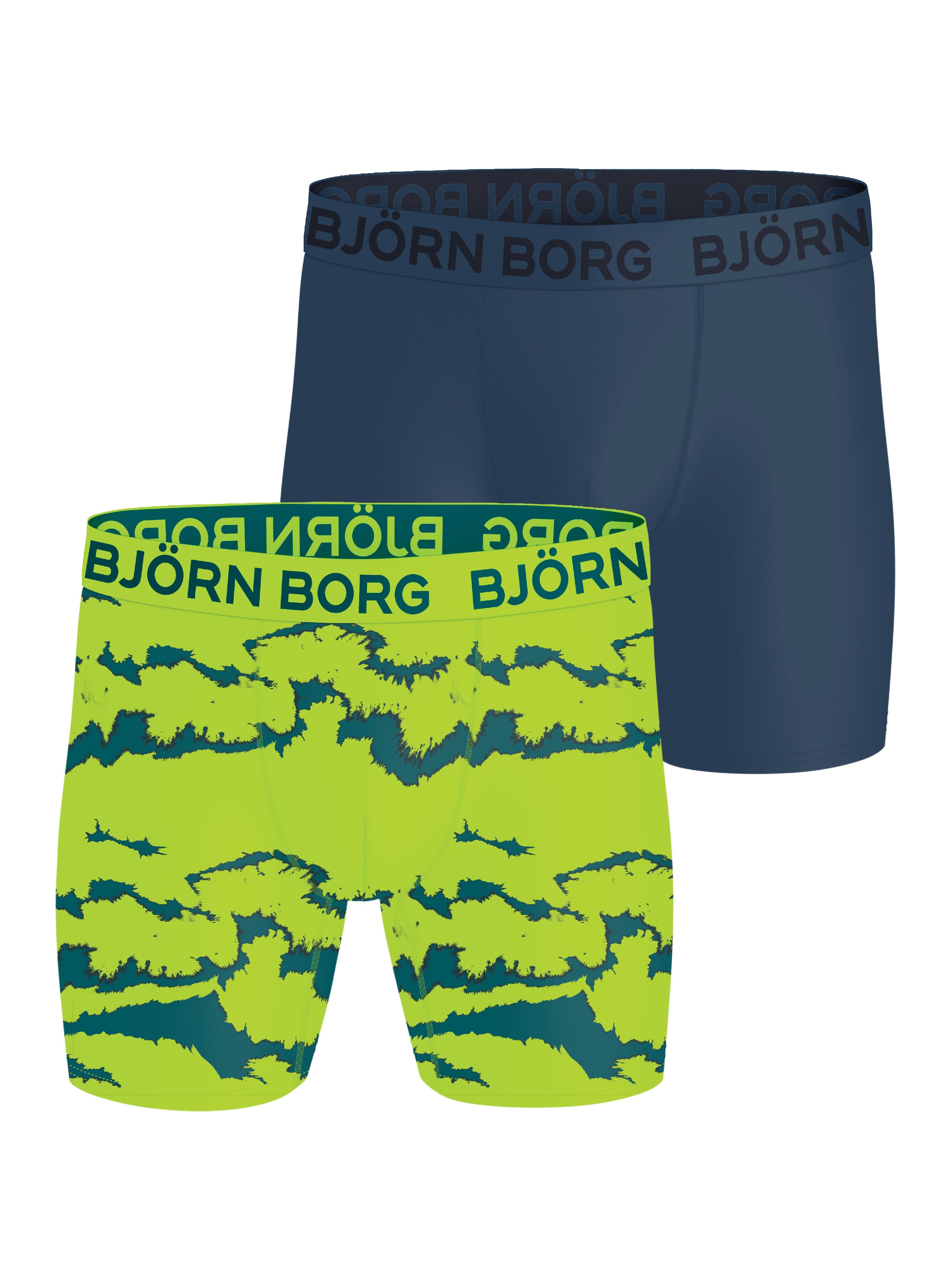 Two pairs of Björn Borg boxer briefs, one navy and one green with shark pattern, on a white background.