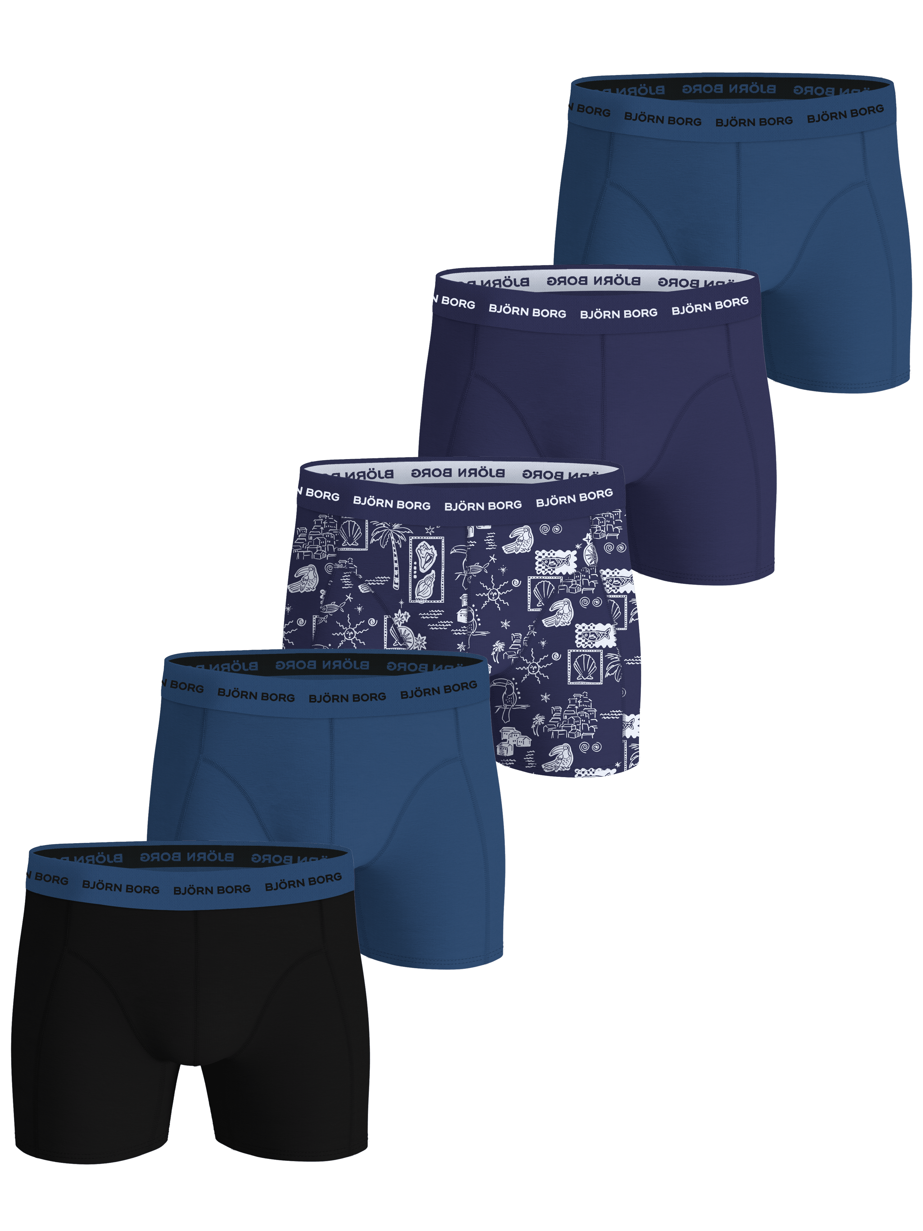 Set of men's boxer briefs in various designs and colors on a black background