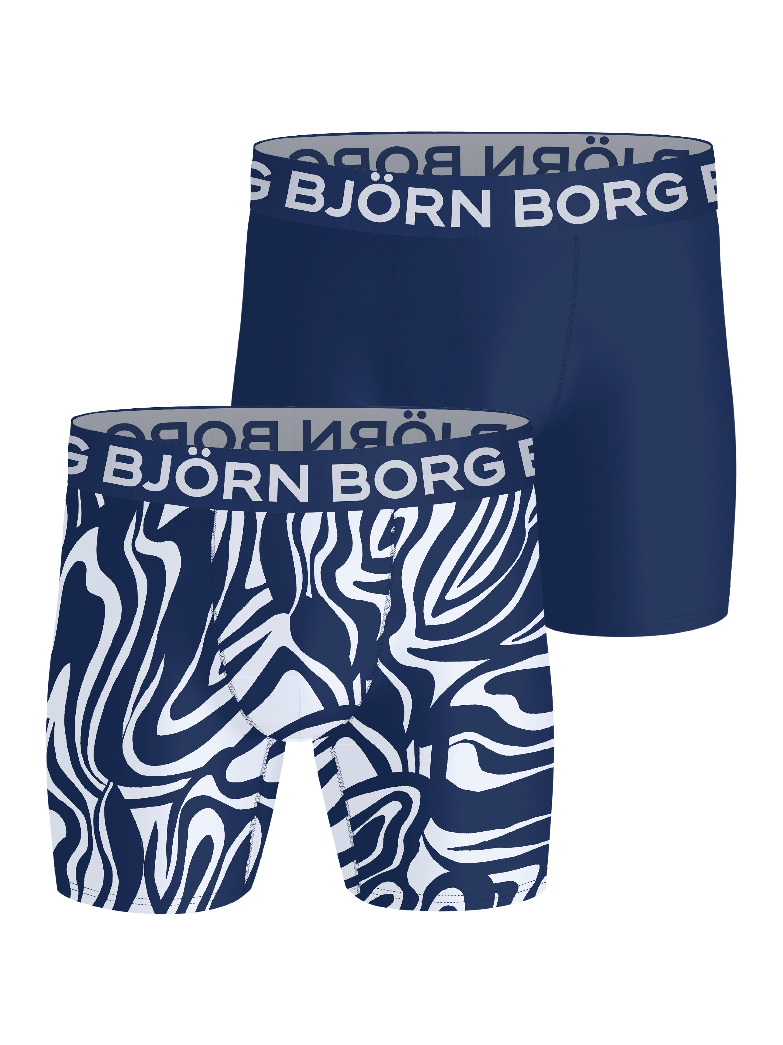 Two pairs of Björn Borg boxer briefs, one with a blue and white abstract pattern and the other plain blue, on a black background.