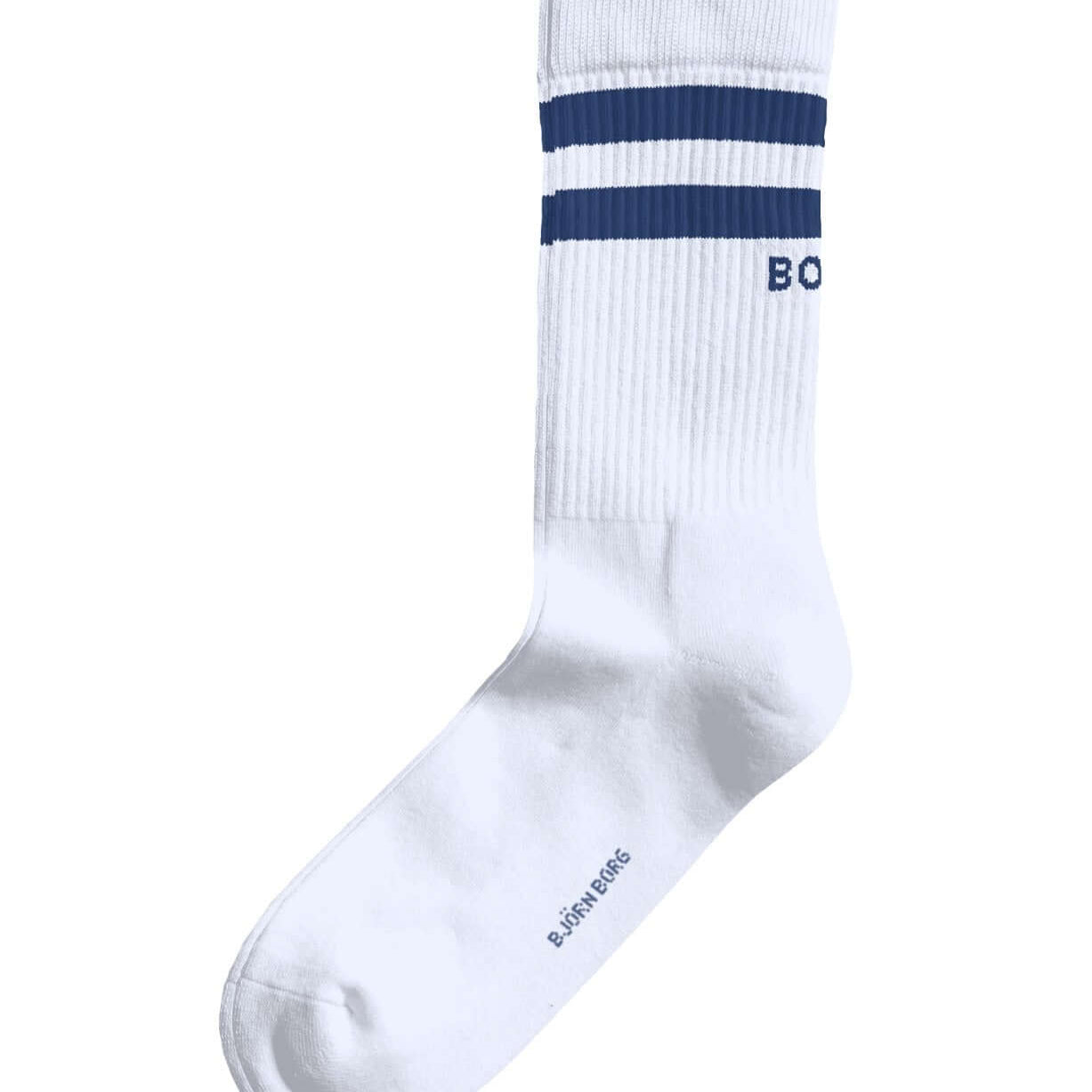 White sock with navy stripes on a white background