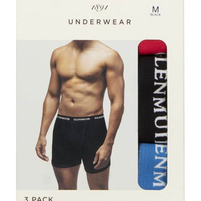 Glenmuir Mens 3 Pack William Button Front Cotton Boxers - Black, Multi