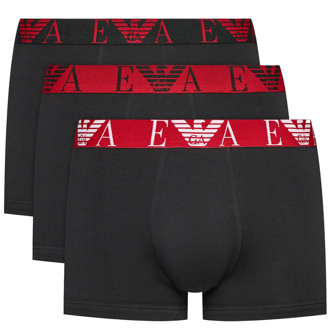 Emporio Armani 3 Pack Low Rise Trunks - Black, Red Waistbands