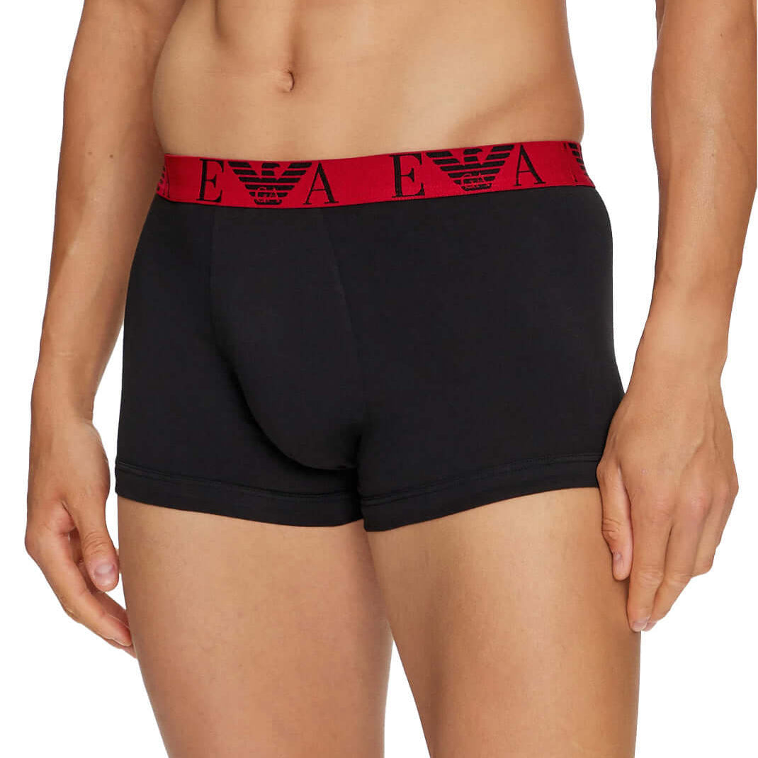 Emporio Armani 3 Pack Low Rise Trunks - Black, Red Waistbands