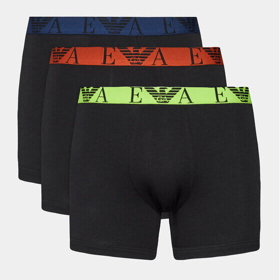 Emporio Armani 3 Pack Cotton Stretch Boxer Briefs – Black with Logo Waistbands