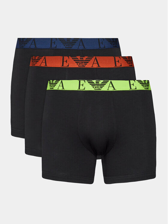 Emporio Armani 3 Pack Cotton Stretch Boxer Briefs – Black with Logo Waistbands