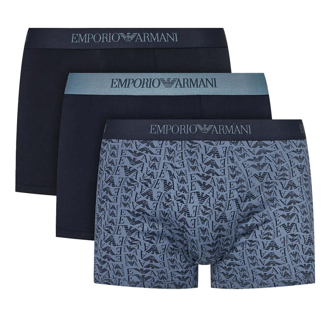 Emporio Armani 3 Pack Trunks Stretch Cotton - Navy Logo Pattern