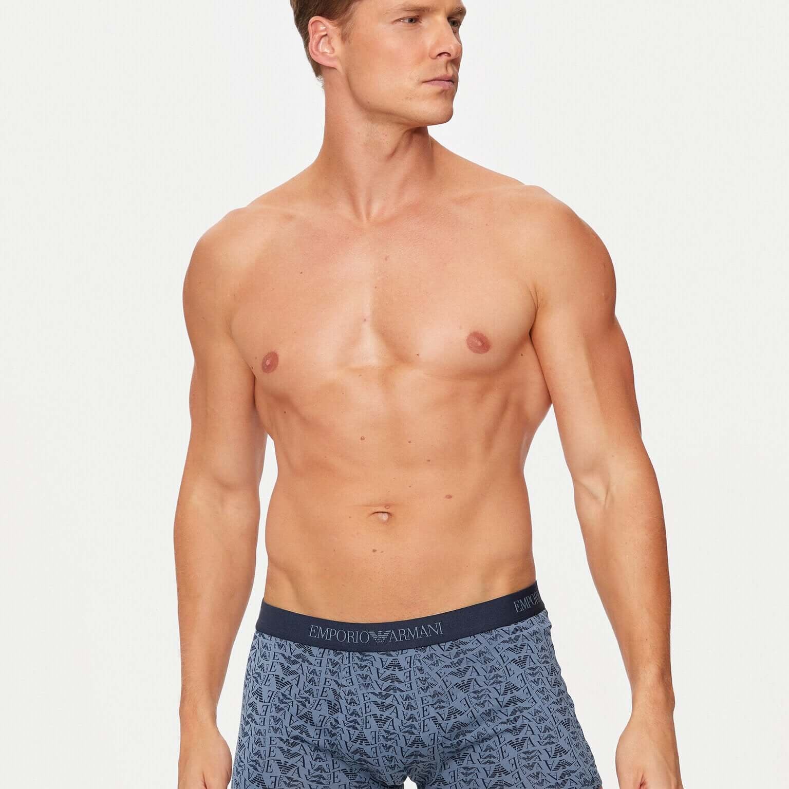 Emporio Armani 3 Pack Trunks Stretch Cotton - Navy Logo Pattern