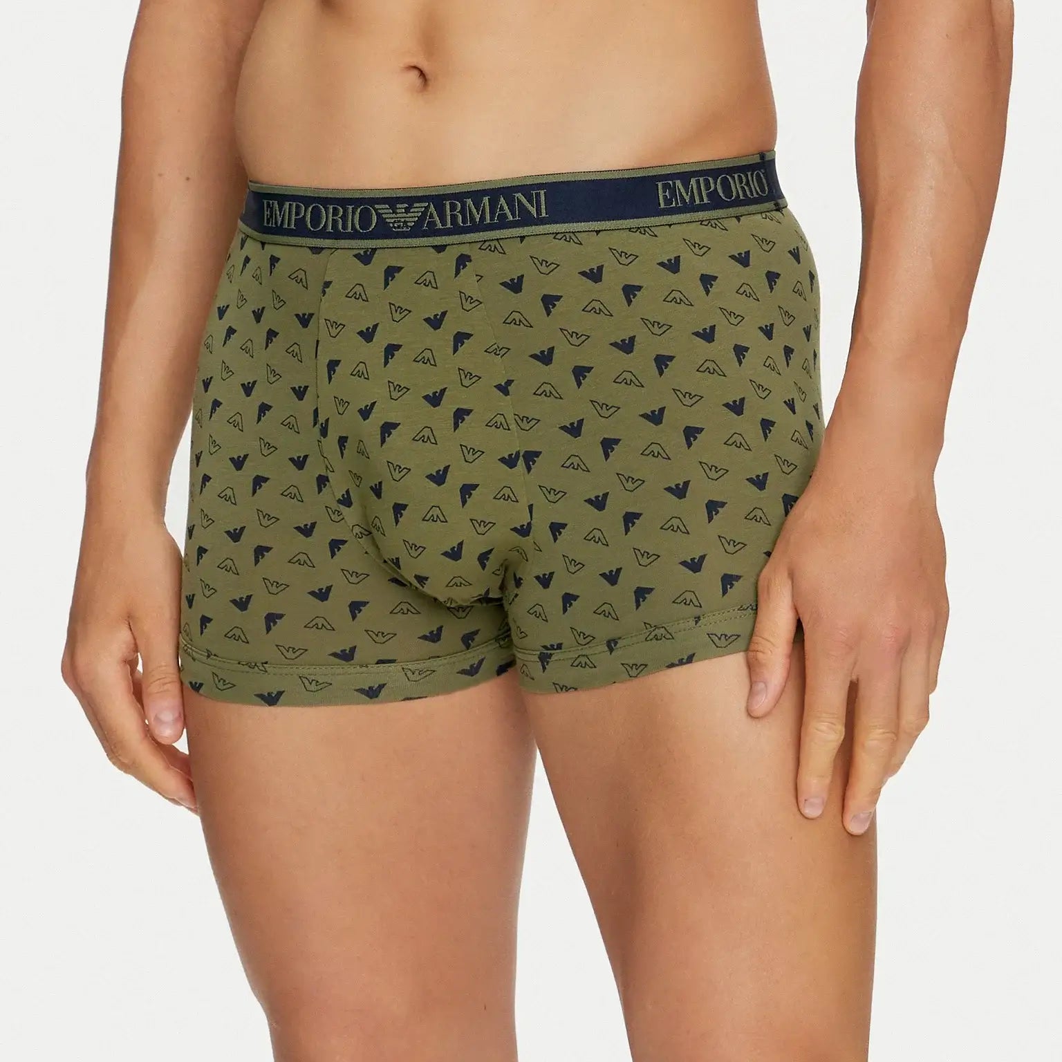 Emporio Armani 3 Pack Trunks Stretch Cotton - Blue / Green Pattern / Blue