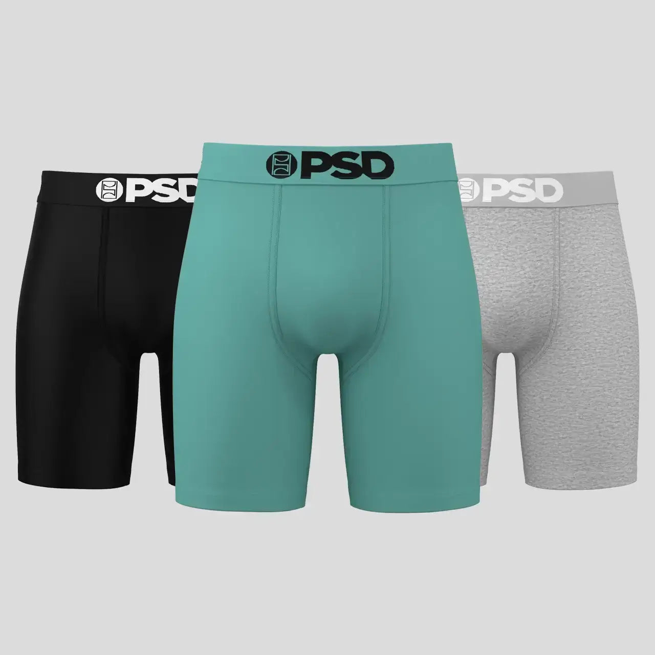 PSD 7" Boxer Briefs Solids 3 Pack – Sea Core Cotton Stretch (Black, Grey, Sea Green)