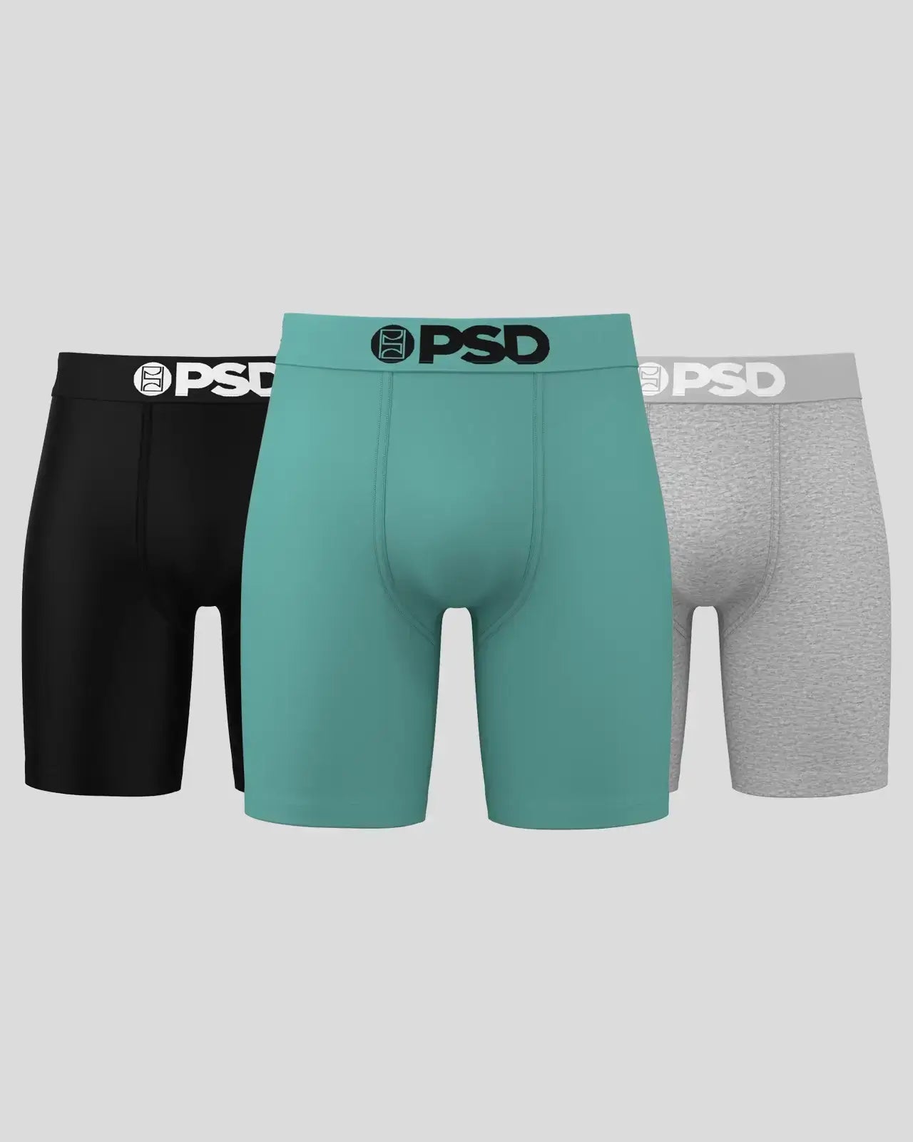 PSD 7" Boxer Briefs Solids 3 Pack – Sea Core Cotton Stretch (Black, Grey, Sea Green)