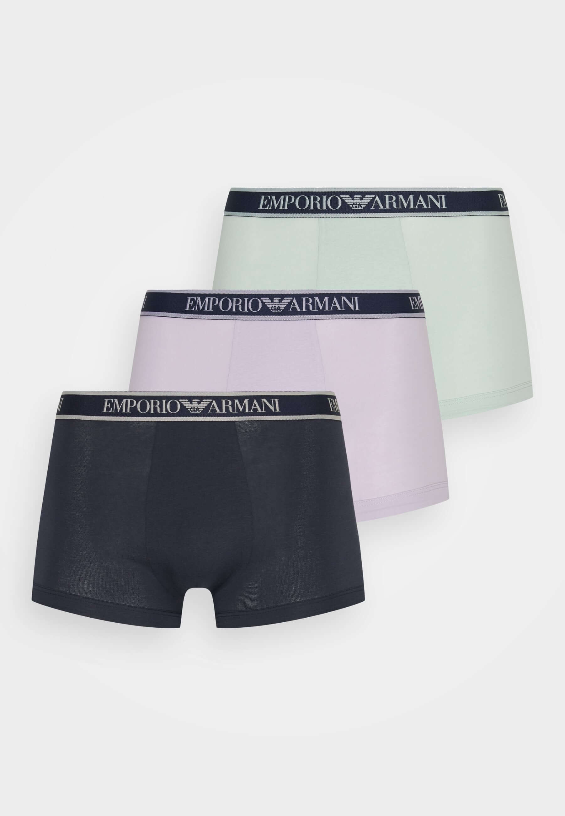 Emporio Armani 3 Pack Low Rise Trunks with core logo - Navy/Lavender/Mint