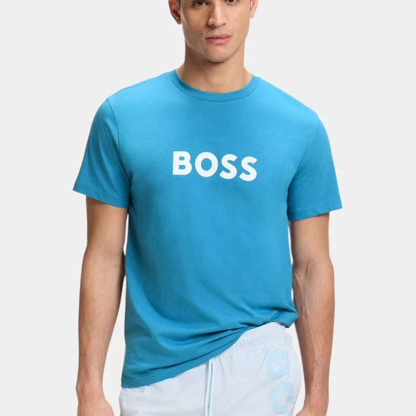 BOSS Cotton Jersey Logo T-Shirt Turquoise Blue 50491706-445 Model Front View