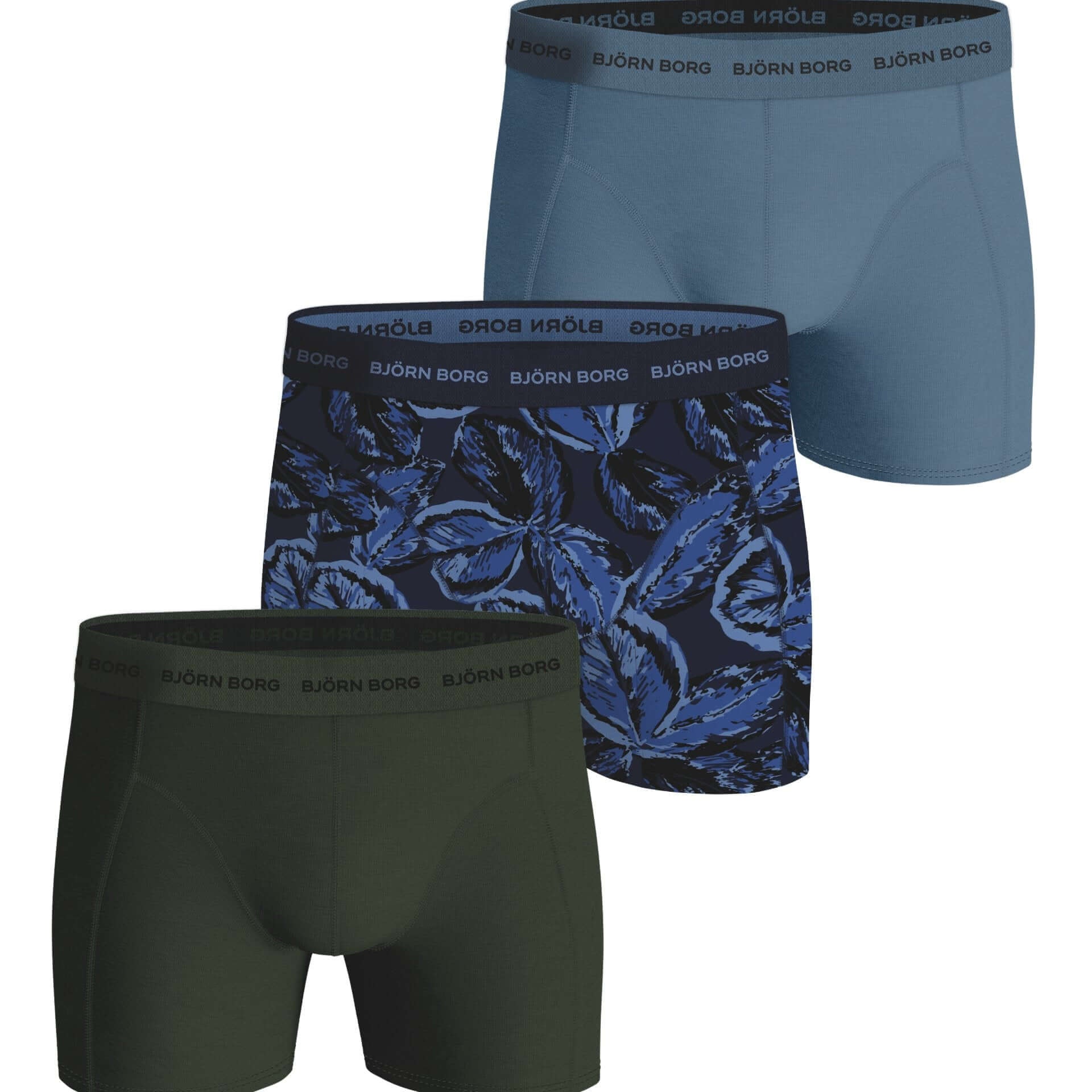 Bjorn Borg Cotton Stretch Boxer Trunks 3 Pack - Olive, Blue Print