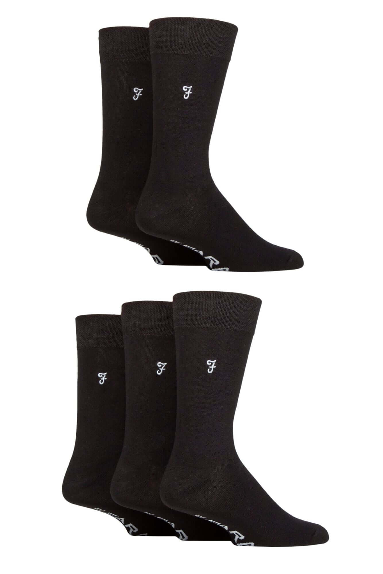 Farah Men’s 5 Pack Plain Bamboo Everyday Socks – Black, Navy & Charcoal (UK 6-11)