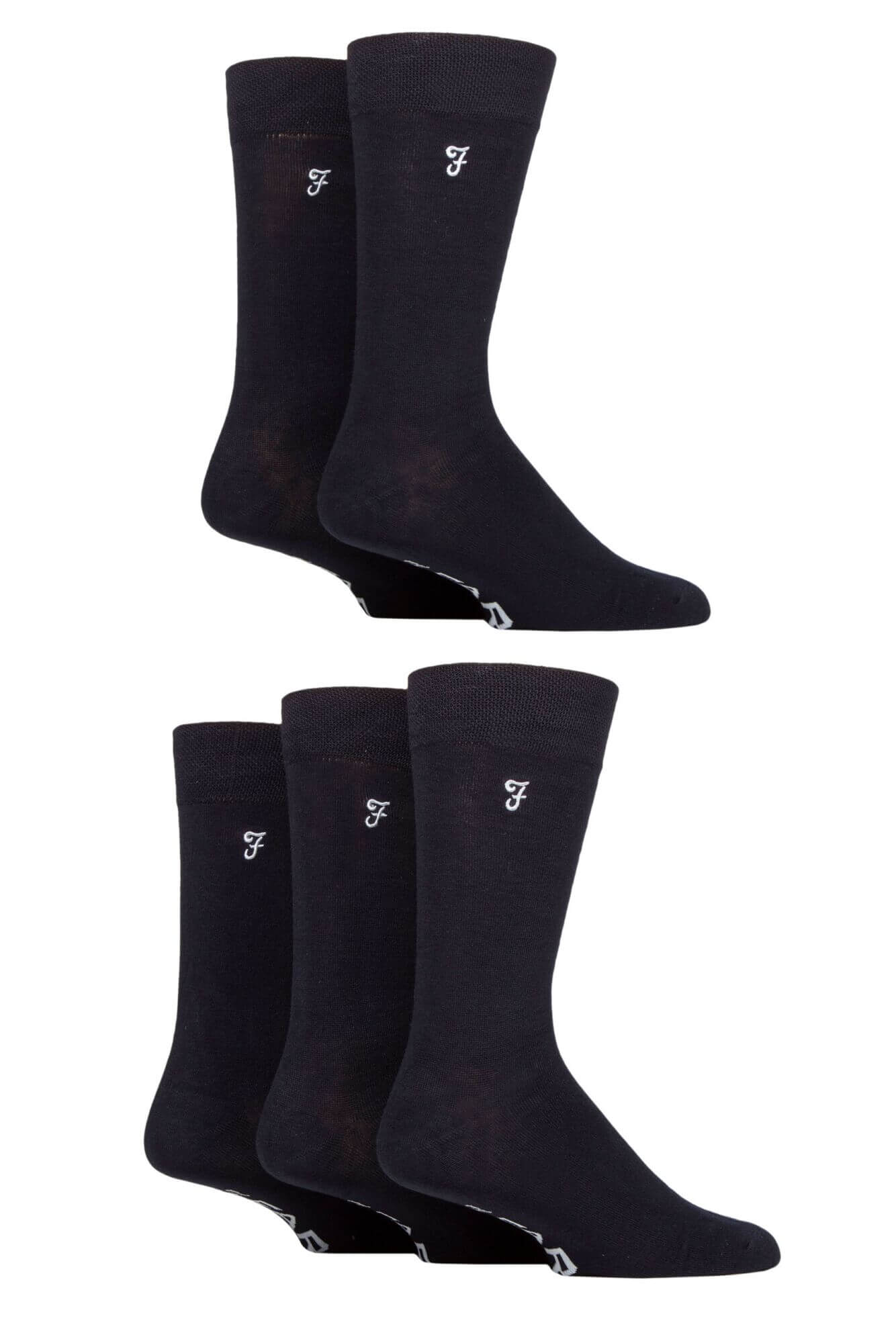 Farah Men’s 5 Pack Plain Bamboo Everyday Socks – Black, Navy & Charcoal (UK 6-11)