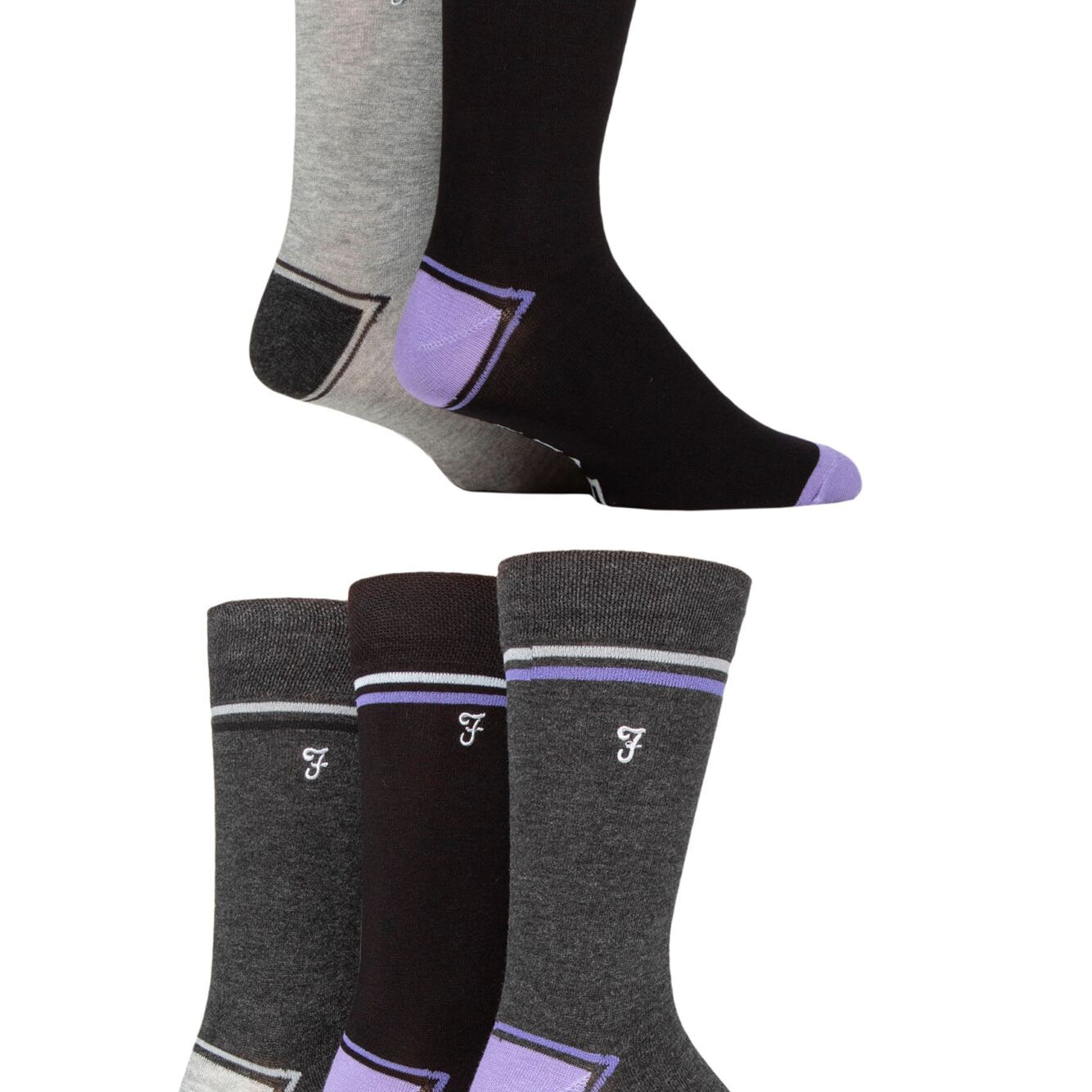 Farah Men’s 5 Pack Bamboo Socks – Contrast Heel & Toe with Embroidered Leg (UK 6-11)
