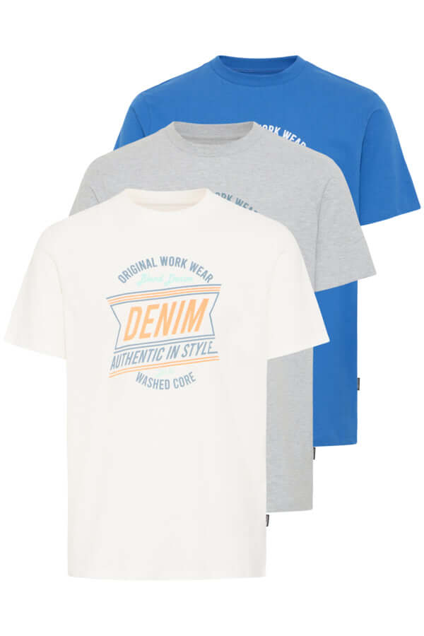Blend BHJES 3 Pack Regular Fit 100% Cotton T-Shirts – White / Blue / Grey