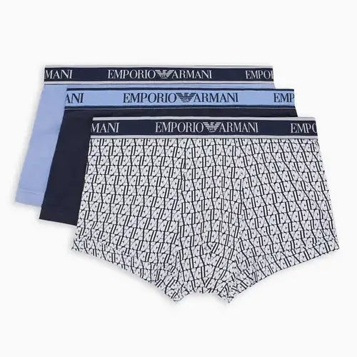 Emporio Armani 3 Pack Low Rise Trunks with core logo - Blue/Navy/White Print