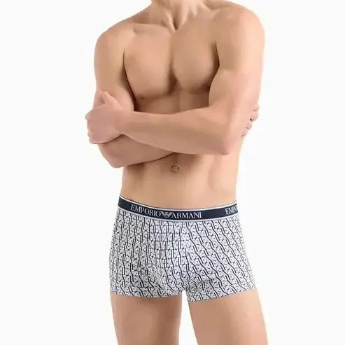 Emporio Armani 3 Pack Low Rise Trunks with core logo - Blue/Navy/White Print