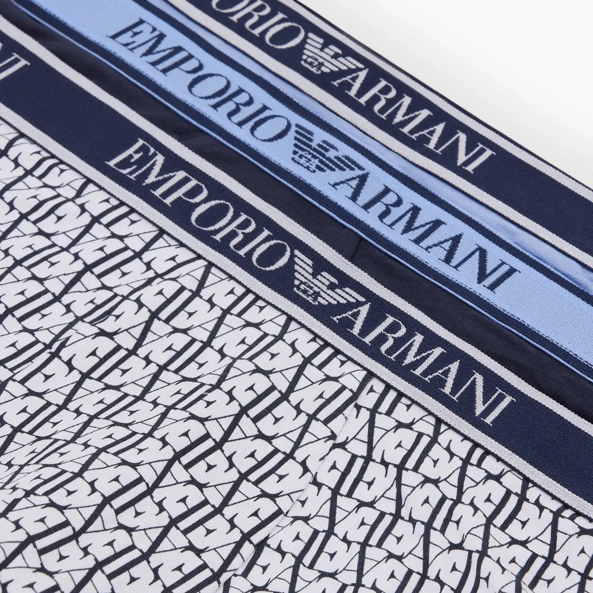 Emporio Armani 3 Pack Low Rise Trunks with core logo - Blue/Navy/White Print