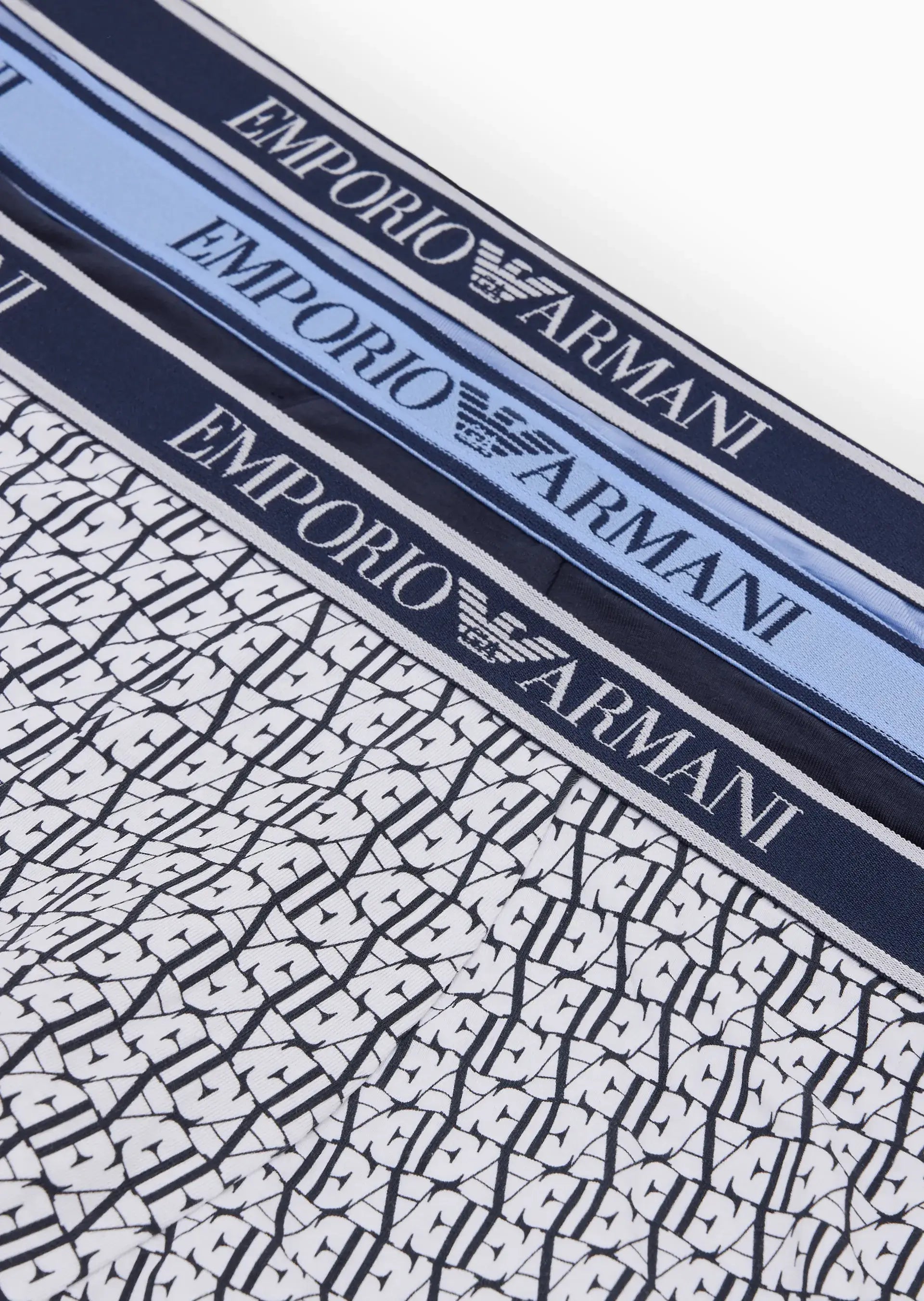 Emporio Armani 3 Pack Low Rise Trunks with core logo - Blue/Navy/White Print