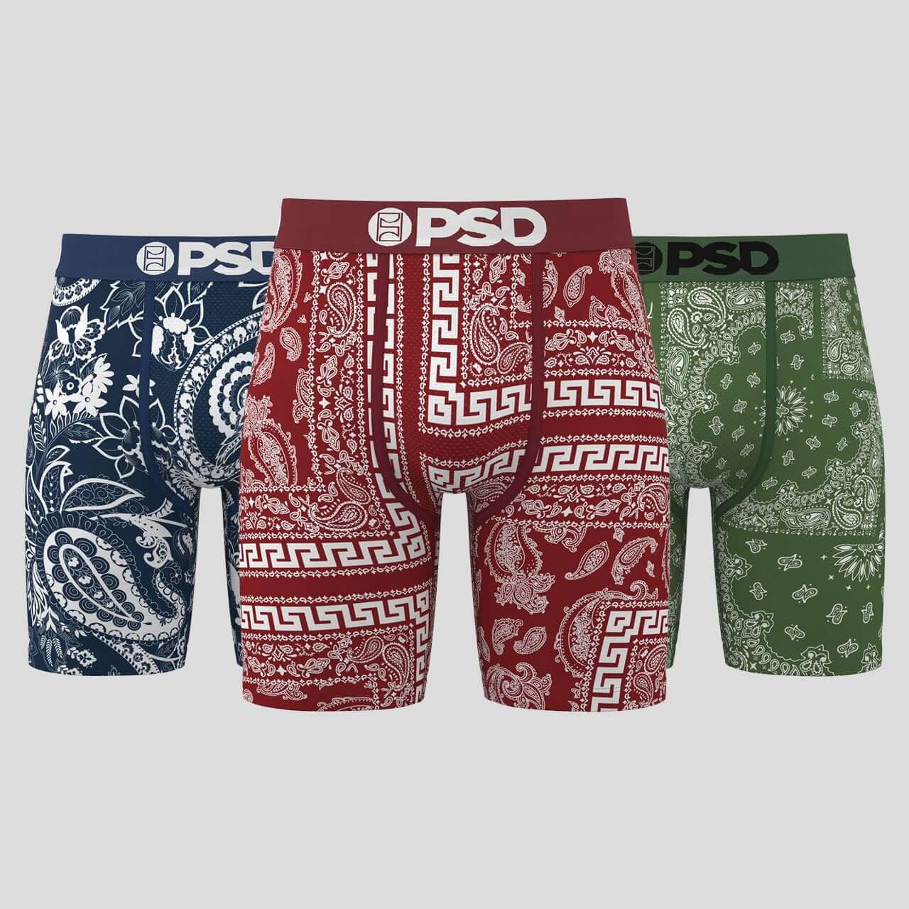 PSD Underwear 7" Boxer Briefs 3 Pack – Dark Bandana, MicroMesh Pouch