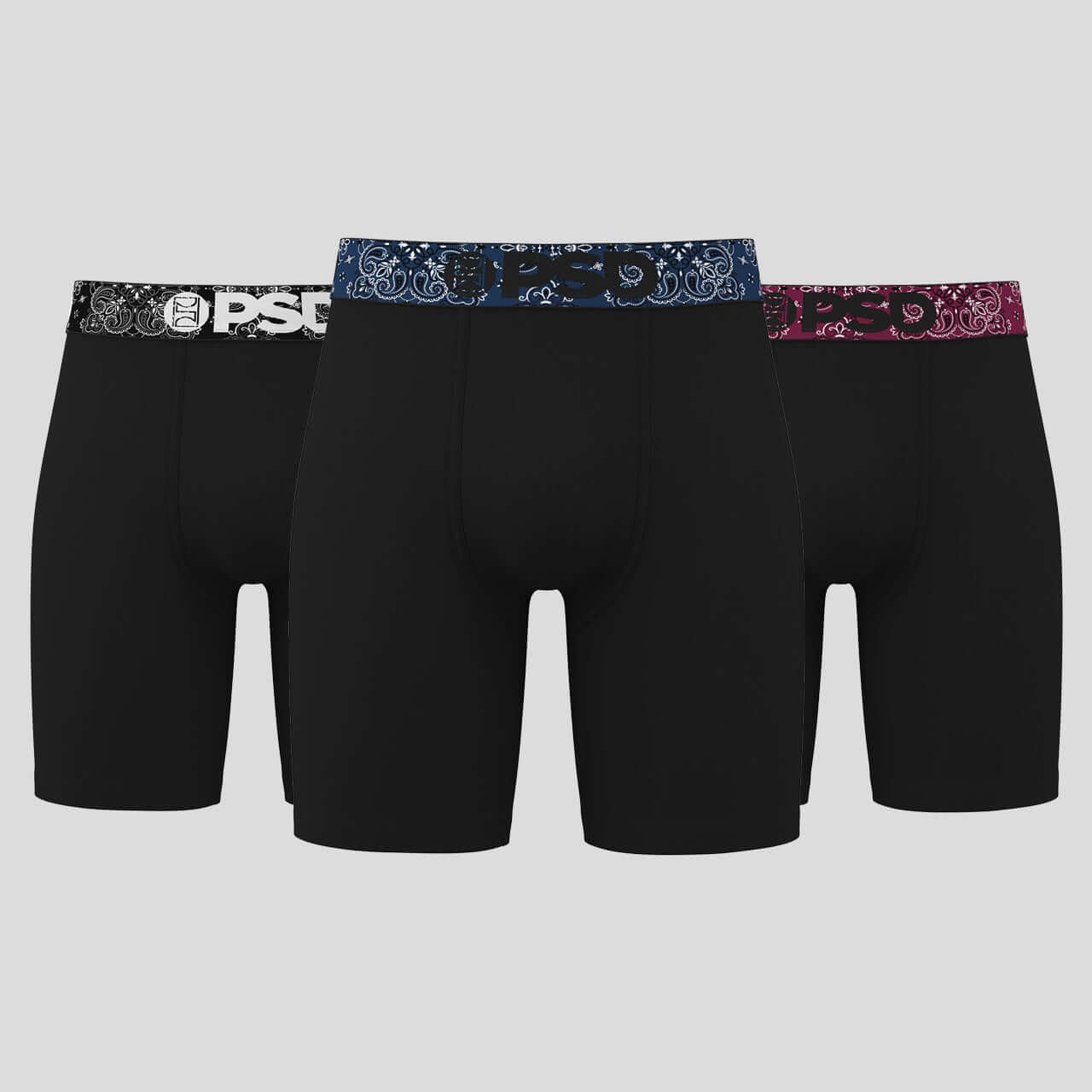PSD 7" Boxer Briefs Solids 3 Pack Cotton Stretch - Black, Paisley Waistband