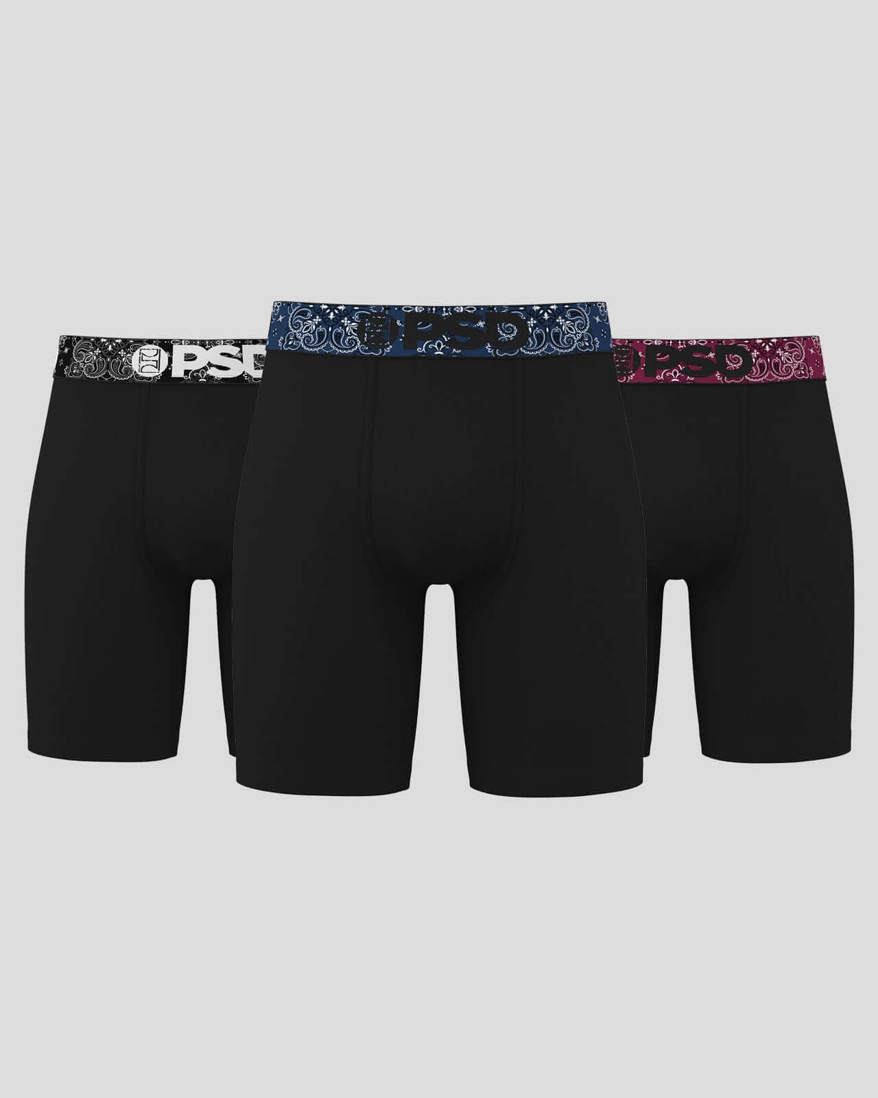 PSD 7" Boxer Briefs Solids 3 Pack Cotton Stretch - Black, Paisley Waistband