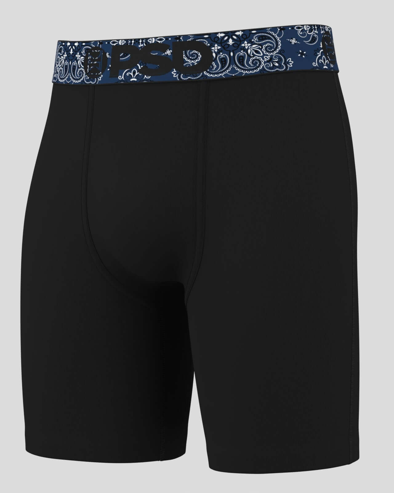 PSD 7" Boxer Briefs Solids 3 Pack Cotton Stretch - Black, Paisley Waistband
