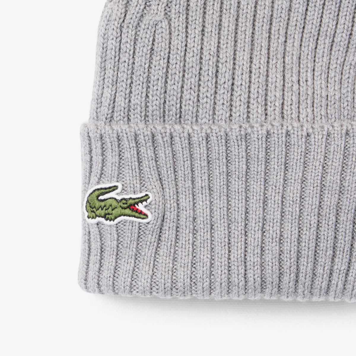 Lacoste silver chine wool beanie ribbed knit embroidered crocodile close up