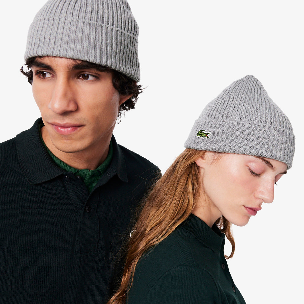 Lacoste RB0001 rib knit brushed wool beanie in Silver Chine worn by models