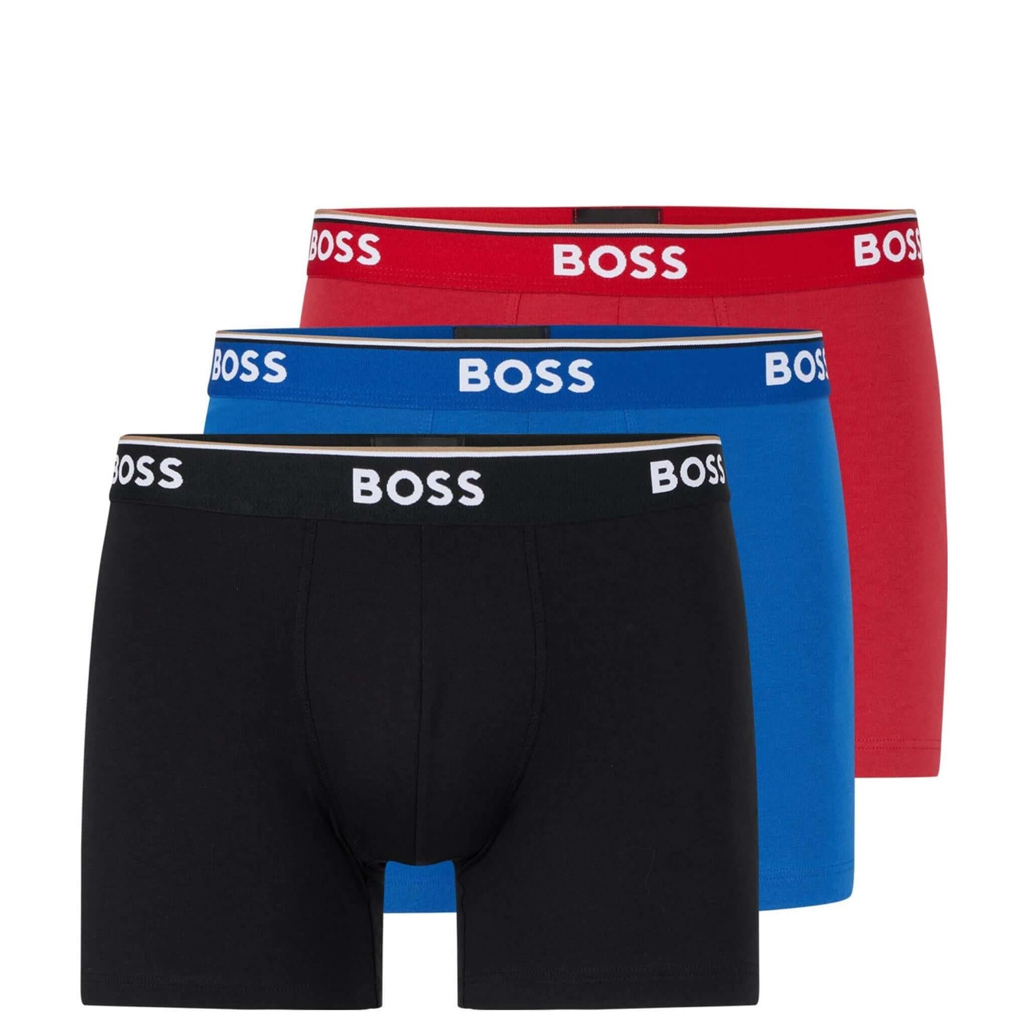 BOSS – 3 Pack Stretch Cotton Boxer Briefs with Logo Waistbands – Red/Black/Blue