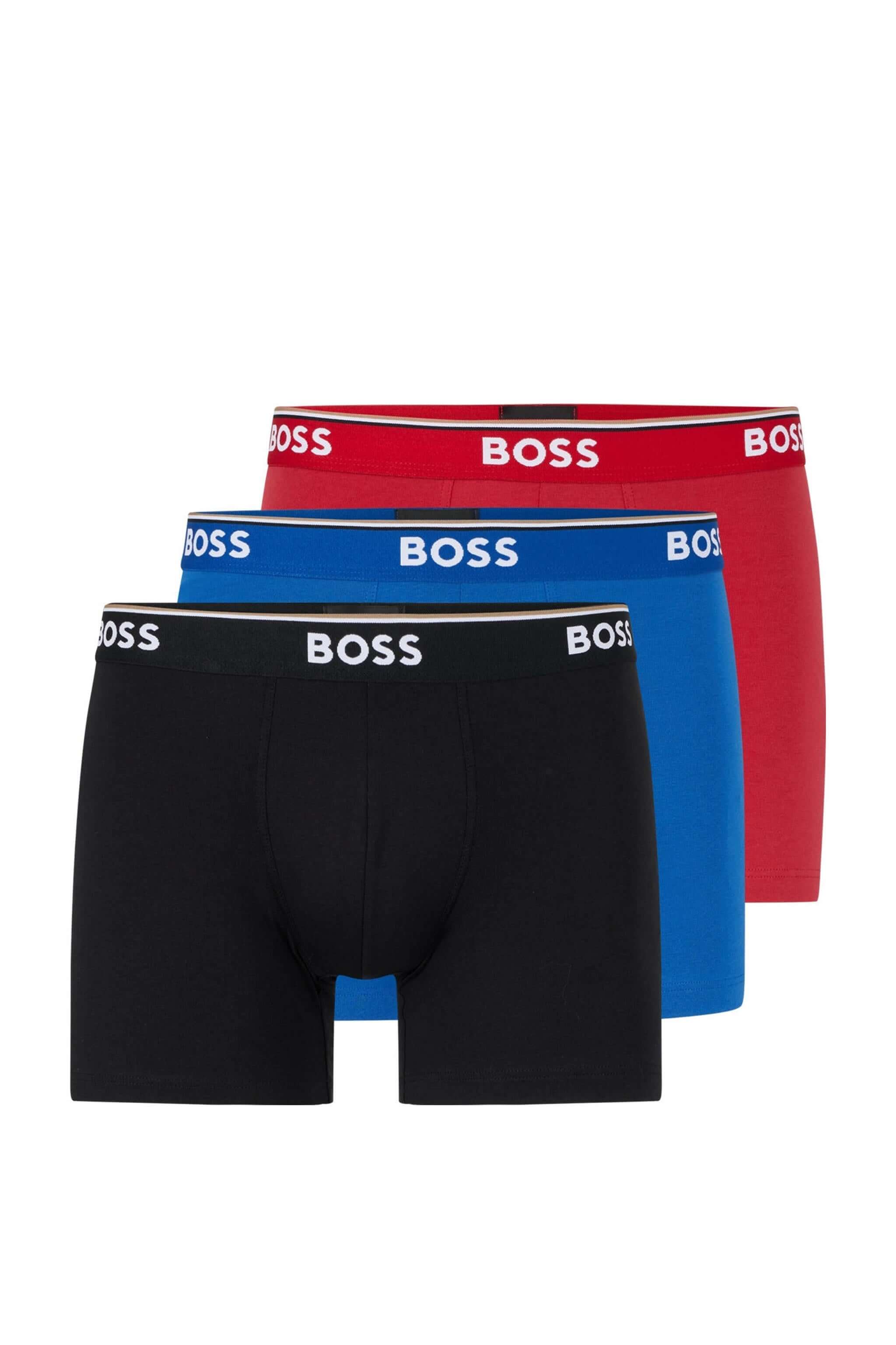 BOSS – 3 Pack Stretch Cotton Boxer Briefs with Logo Waistbands – Red/Black/Blue