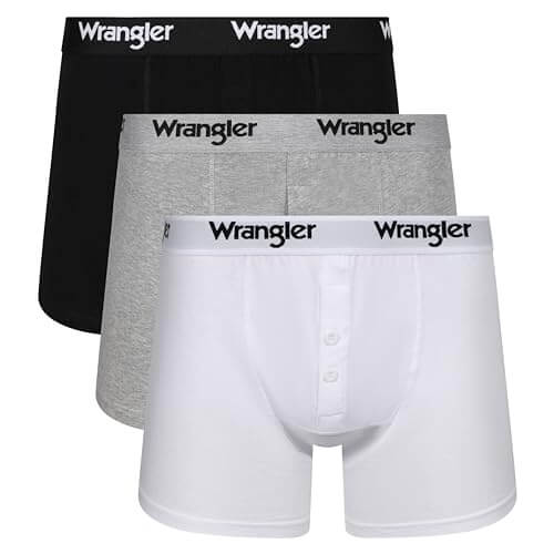Wrangler Tait Button Fly Men’s Boxer Trunks 3 Pack – White, Grey & Black Cotton Underwear