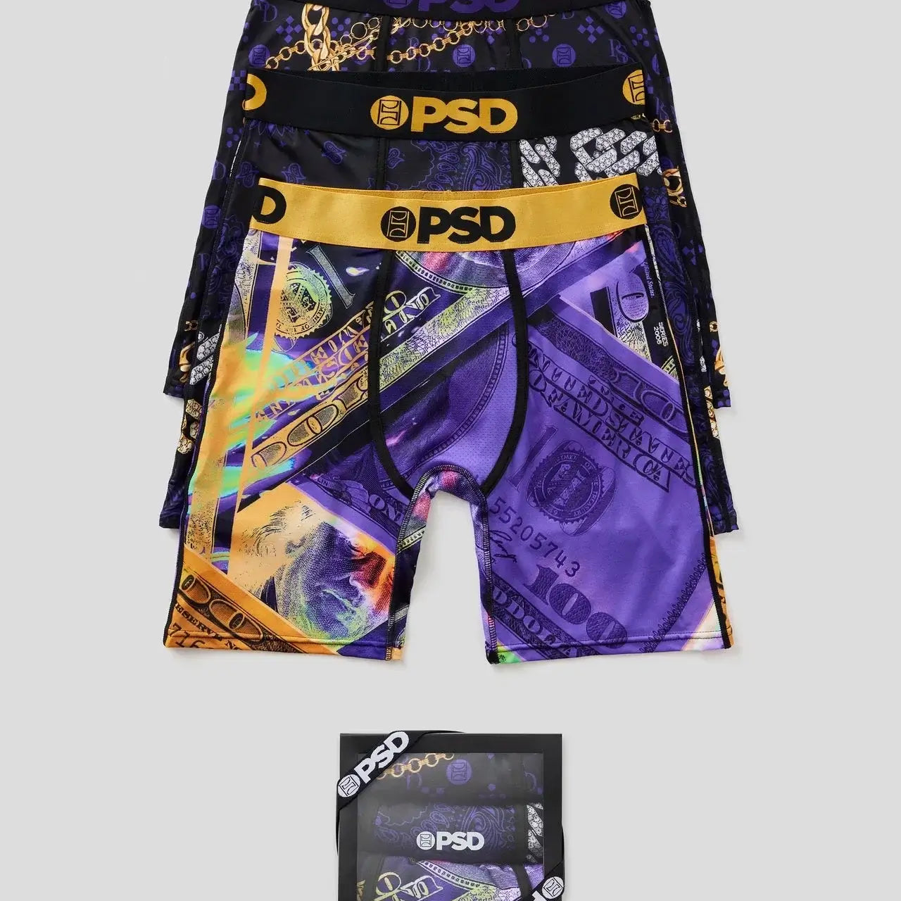 PSD Men's 3 Pack 7" Boxer Briefs - Purple & Gold