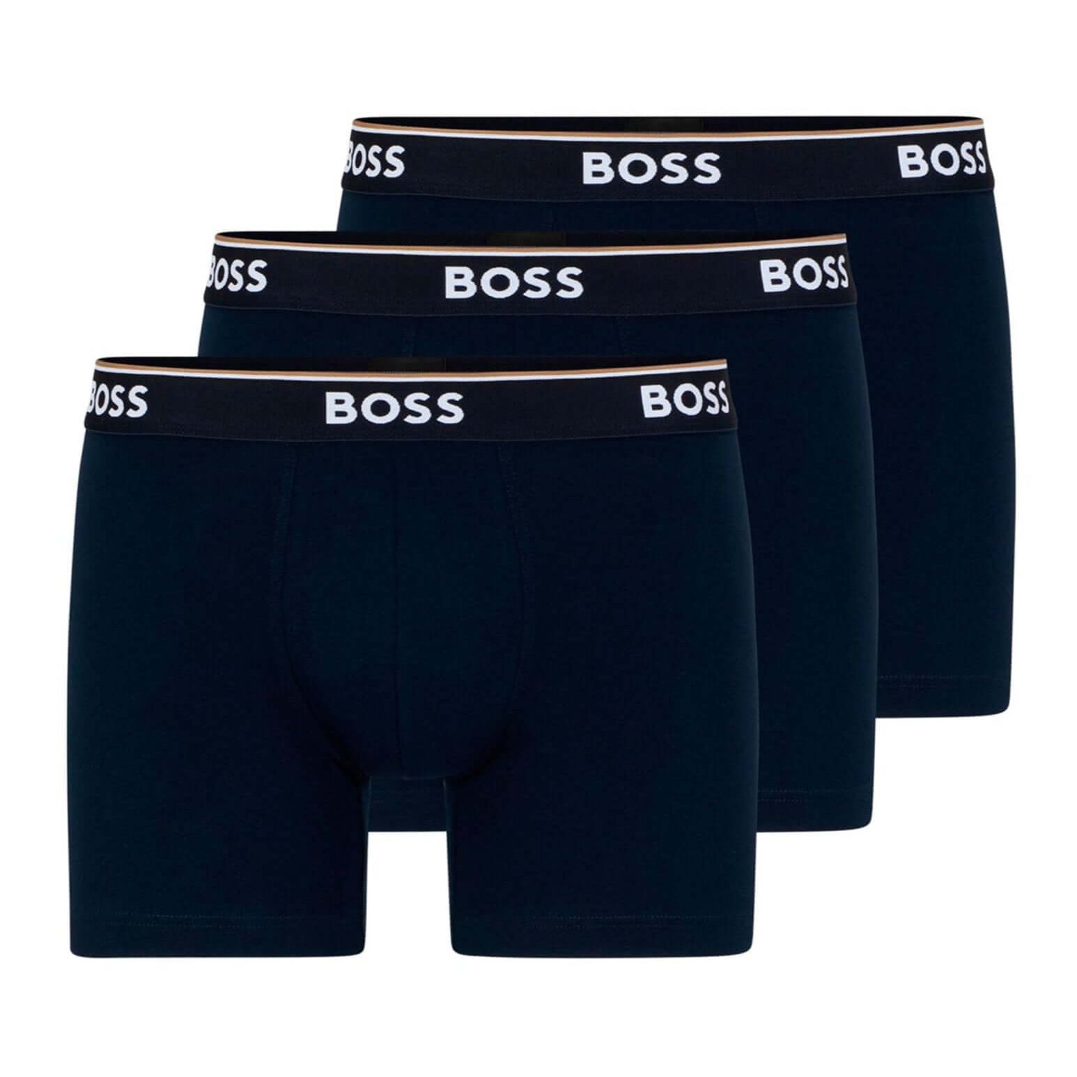 BOSS – 3 Pack Stretch Cotton Boxer Briefs with Logo Waistbands – Dark Blue