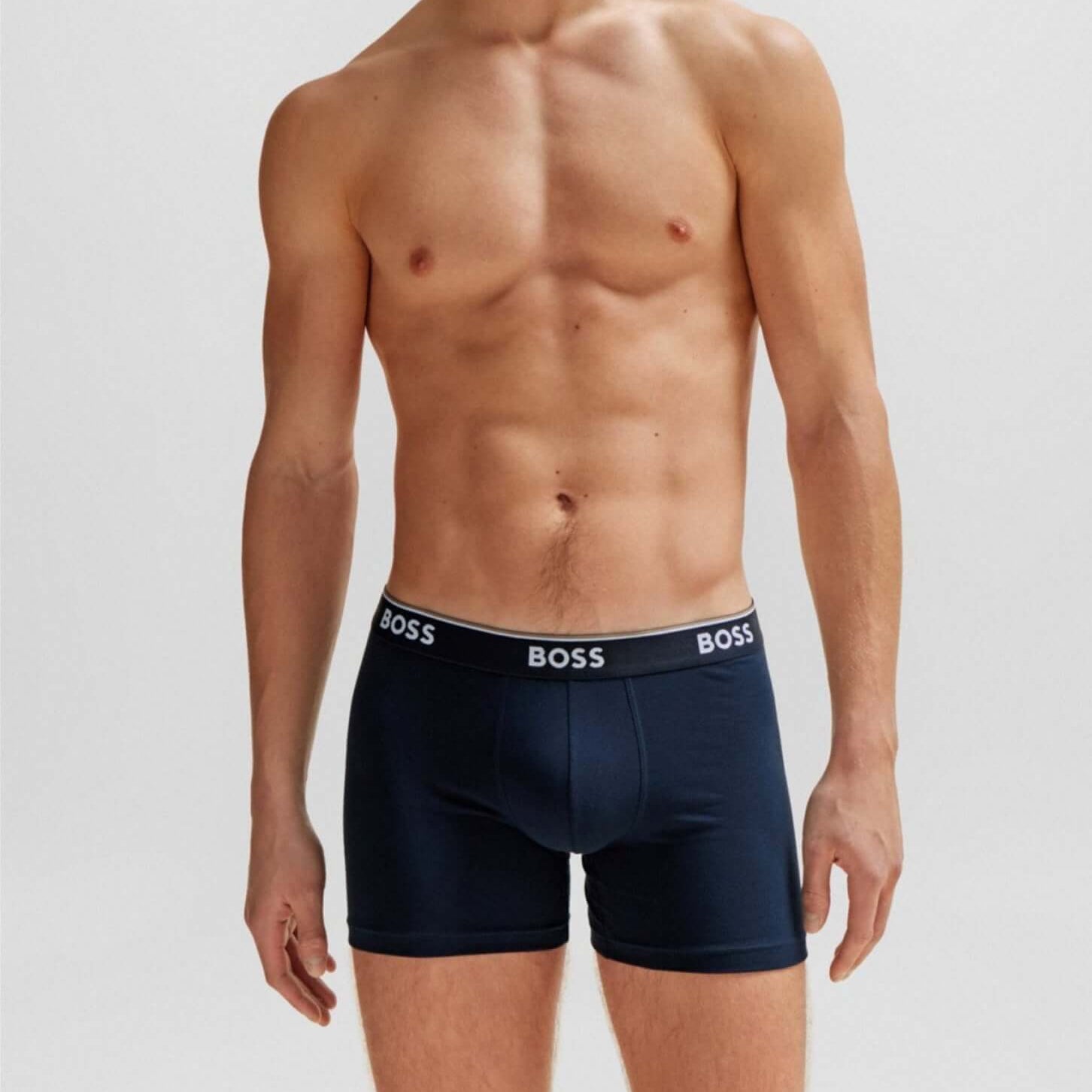 BOSS – 3 Pack Stretch Cotton Boxer Briefs with Logo Waistbands – Dark Blue