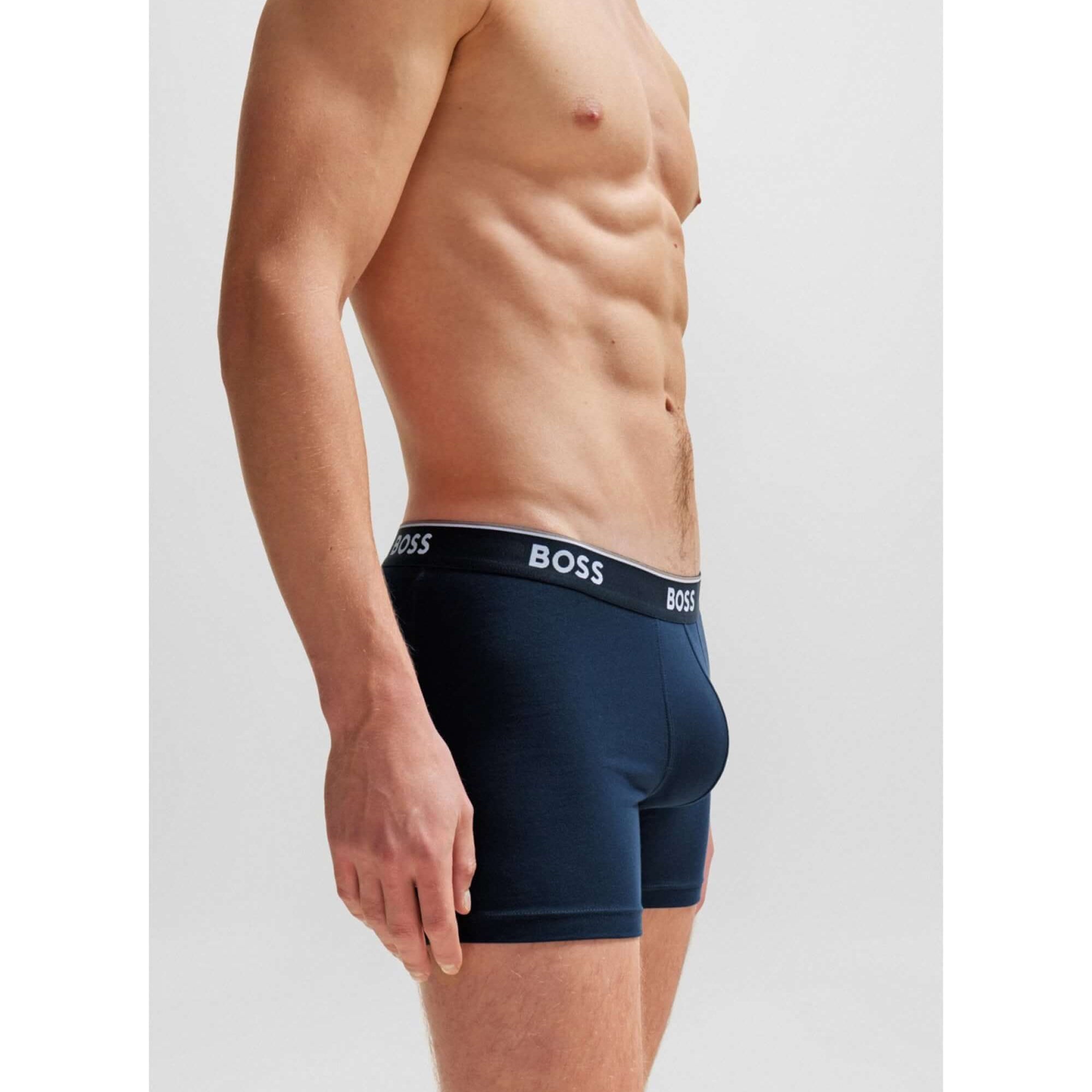 BOSS – 3 Pack Stretch Cotton Boxer Briefs with Logo Waistbands – Dark Blue