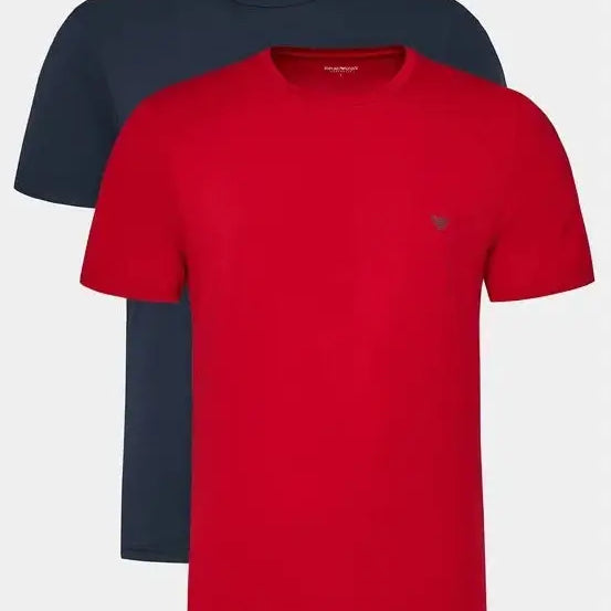 Emporio Armani 2 Pack Lounge Stretch-Cotton Crew T-Shirts - Red/Marine