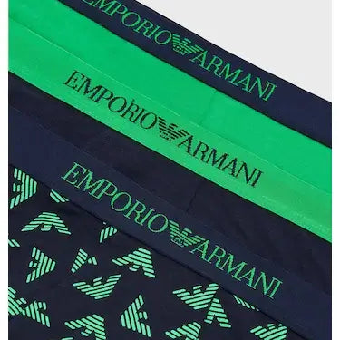 Emporio Armani 3 pack Pure Cotton Low Rise Trunks - Green, Black Print