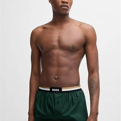 Boss Two-Pack Woven Boxers / Pyjama Shorts in Cotton Poplin - Green / Black
