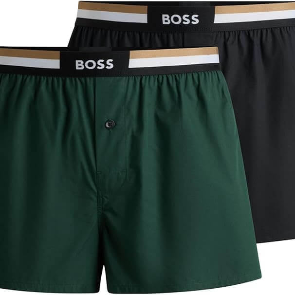 Boss Two-Pack Woven Boxers / Pyjama Shorts in Cotton Poplin - Green / Black
