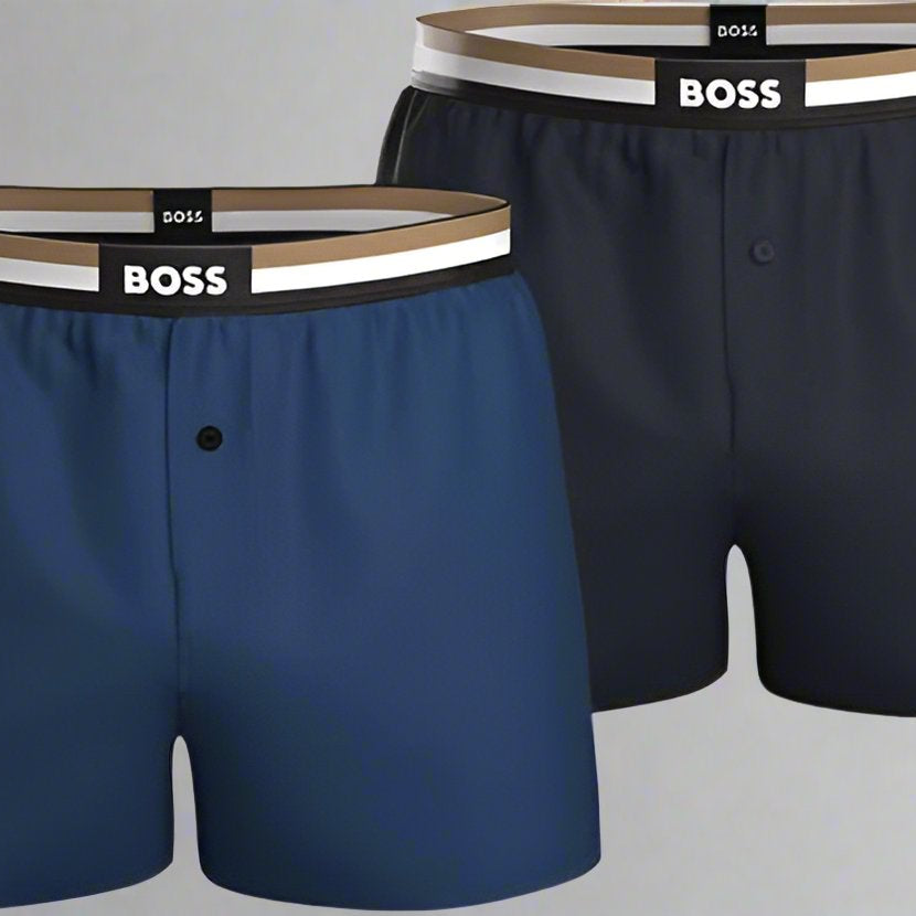Boss 2 Pack Woven Boxers / Pyjama Shorts in Cotton Poplin - Blue / Black