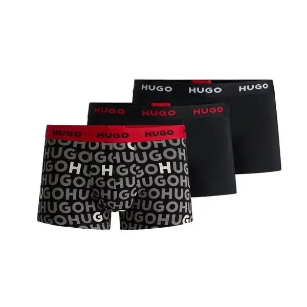 Hugo 3 Pack Stretch Cotton Trunks with Logo Waistbands - Black Allover