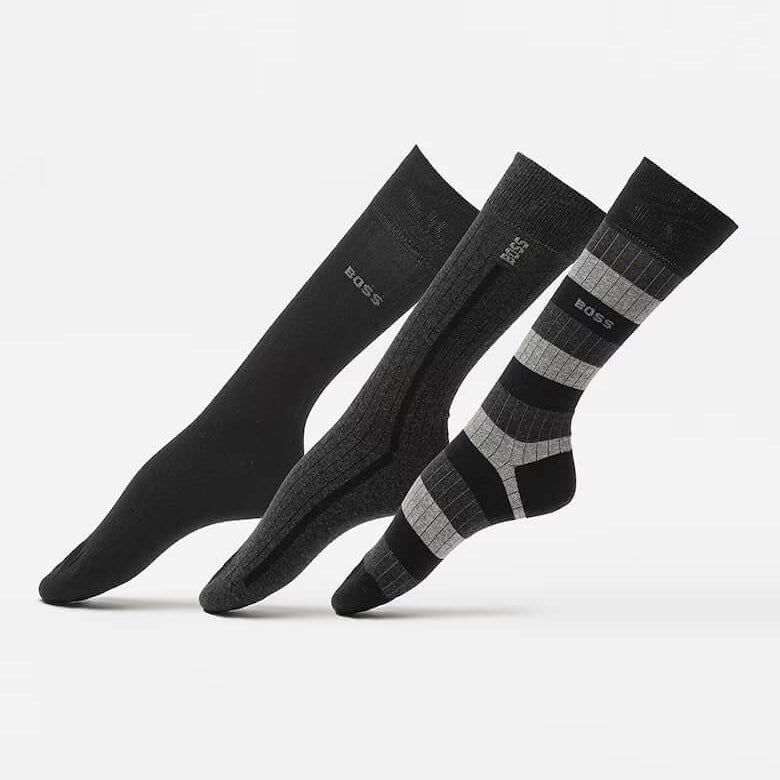 Boss 3 Pack Fine Rib Crew Socks - Black / Grey / Charcoal